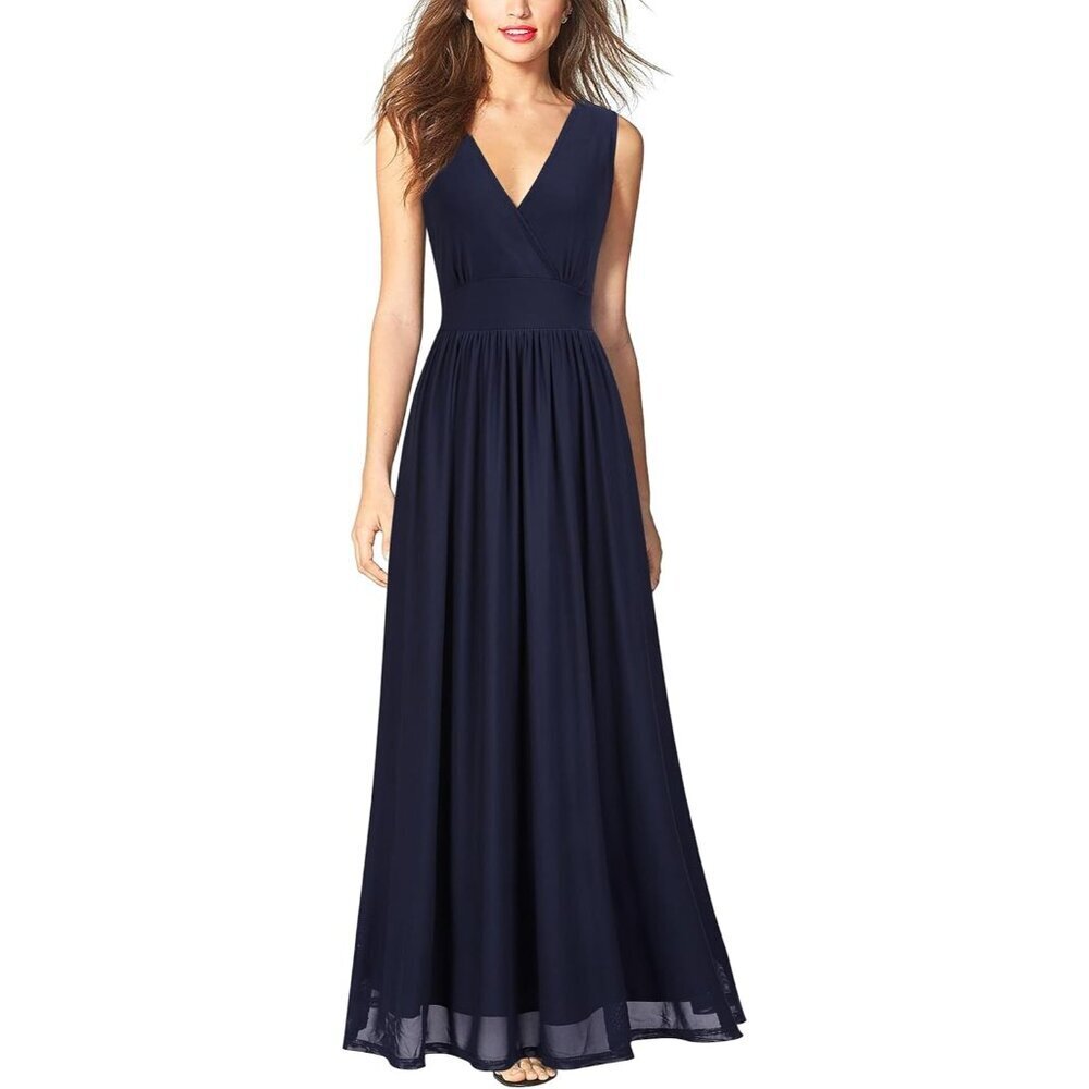 Women's Navy Blue Sleeveless Deep V Neck Mesh Plain Long Maxi Casual Dress